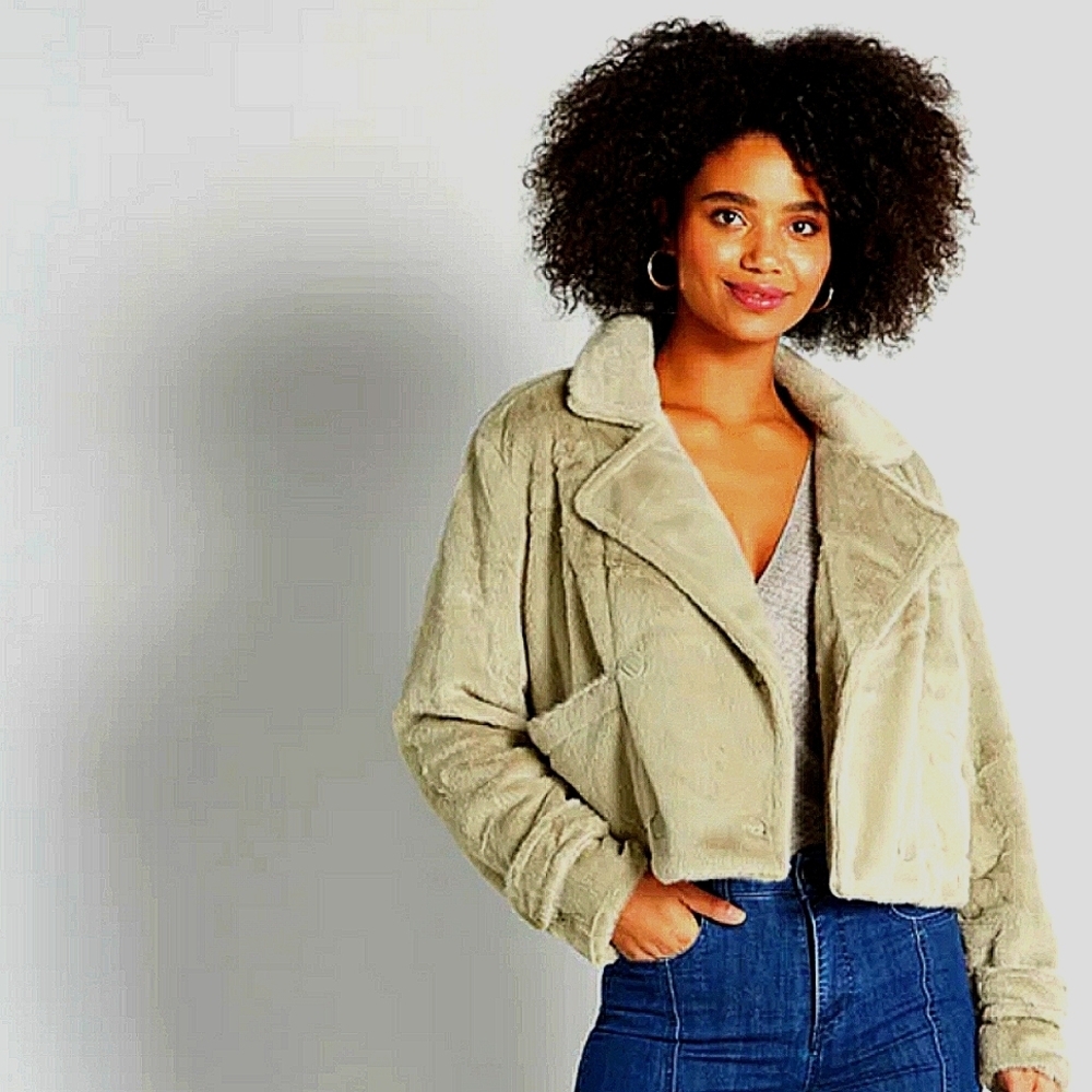 Cropped‎ Moto Jacket Faux Fur Green by OAT New York Size M